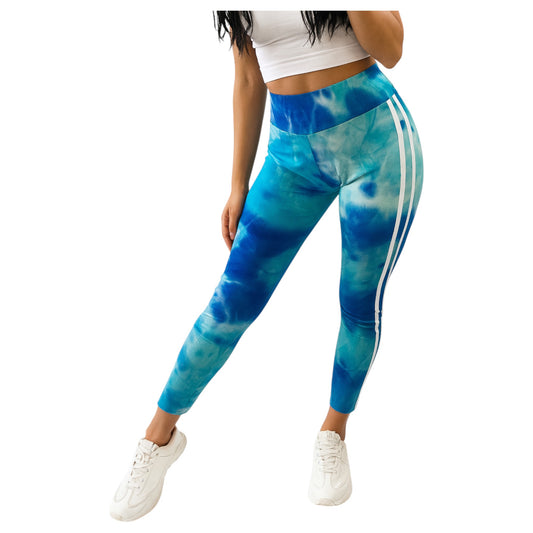 Women’s high-waisted tie dye leggings in neon multicolor print – stylish gym wear and casual athleisure