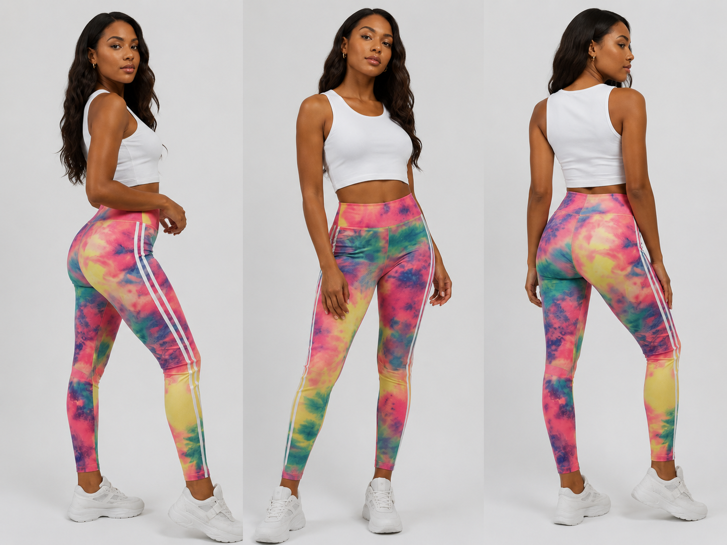 Women’s high-waisted tie dye leggings in neon multicolour print – stylish gym wear and casual athleisure