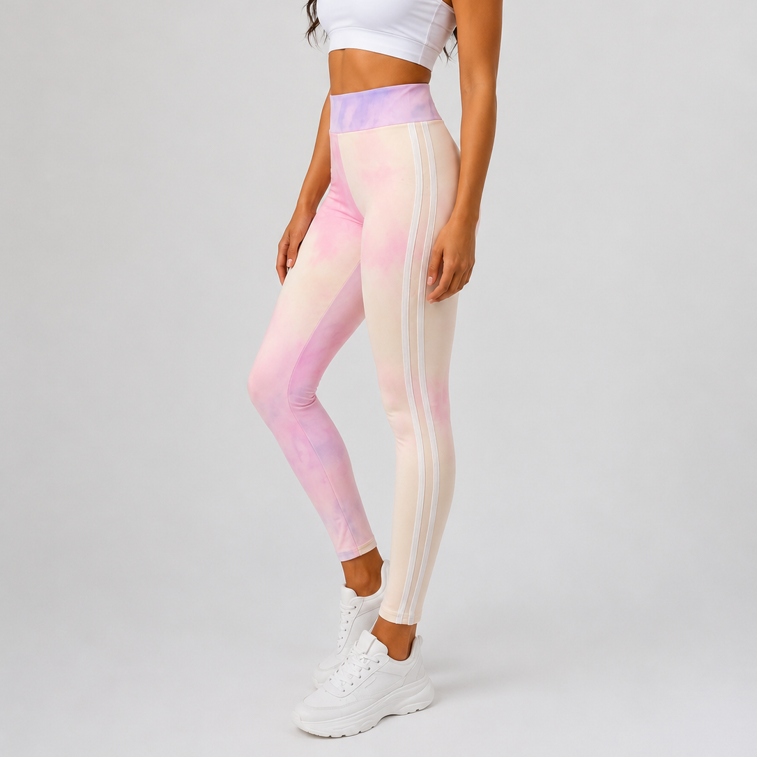 Women’s high-waisted tie dye leggings in neon multicolour print – stylish gym wear and casual athleisure