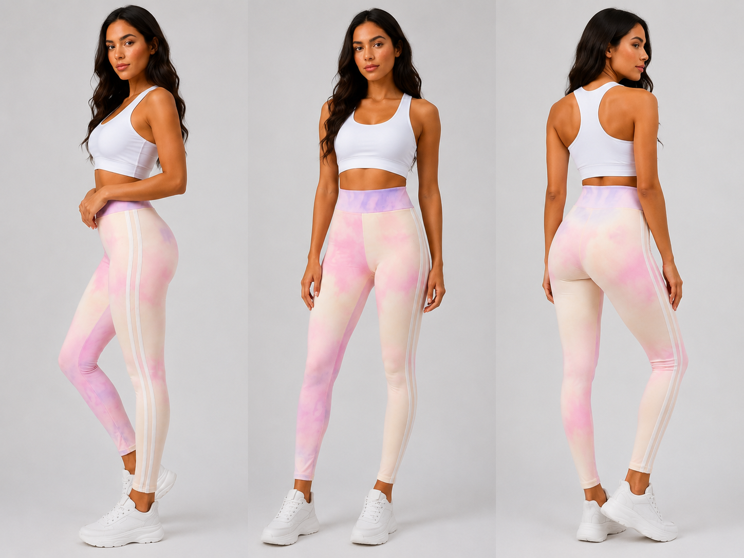Women’s high-waisted tie dye leggings in neon multicolour print – stylish gym wear and casual athleisure