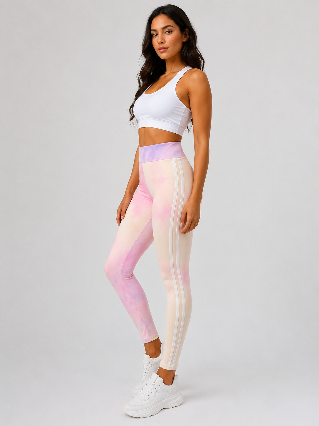 Women’s high-waisted tie dye leggings in neon multicolour print – stylish gym wear and casual athleisure