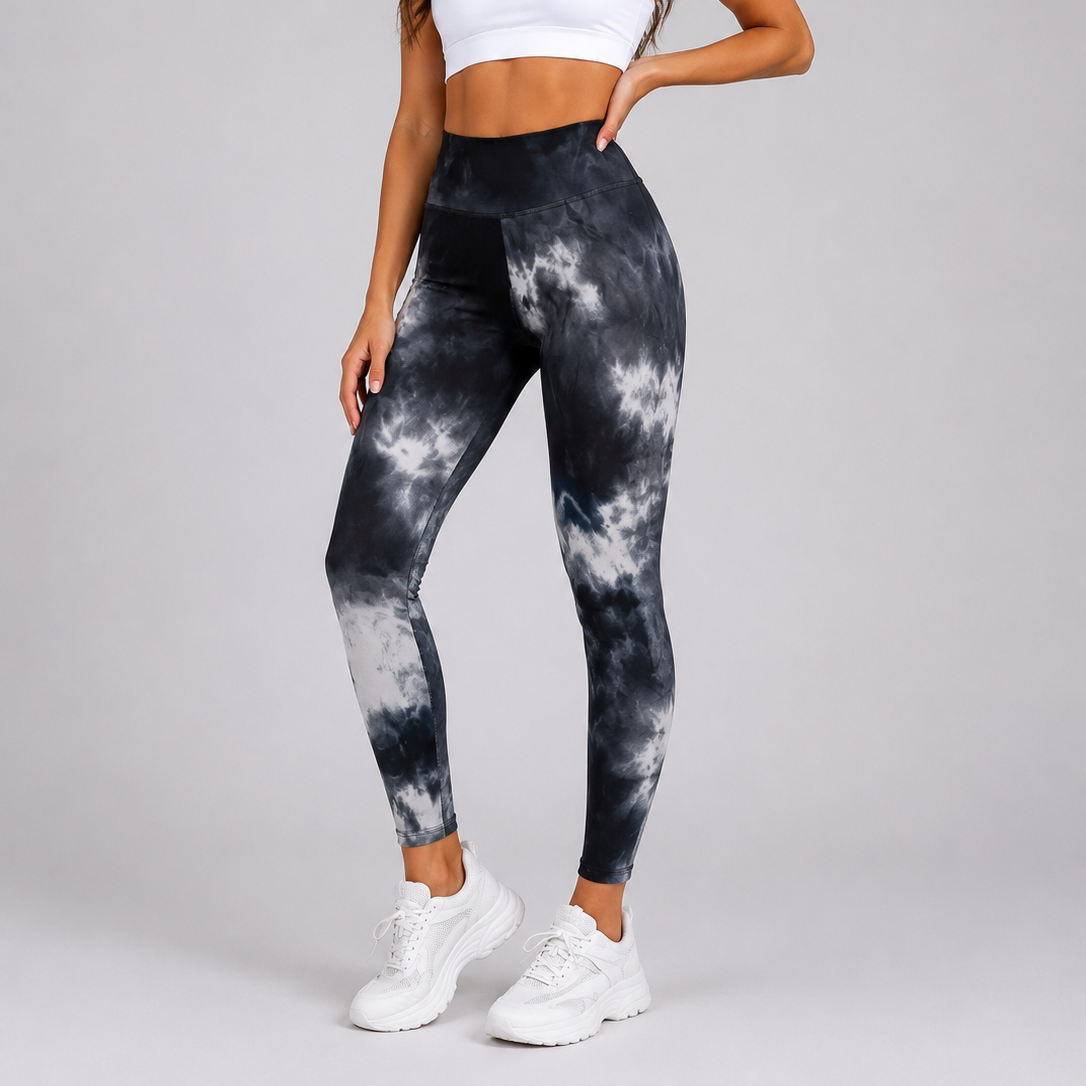 Women’s high-waisted tie dye leggings in neon multicolour print – stylish gym wear and casual athleisure
