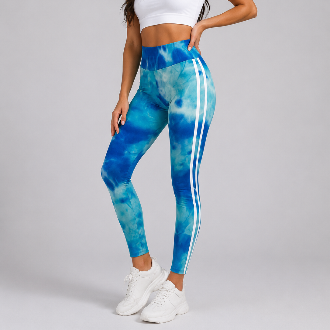 Women’s high-waisted tie dye leggings in neon multicolour print – stylish gym wear and casual athleisure