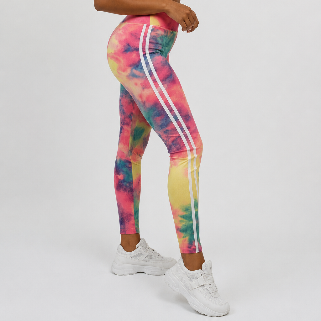Women’s high-waisted tie dye leggings in neon multicolour print – stylish gym wear and casual athleisure