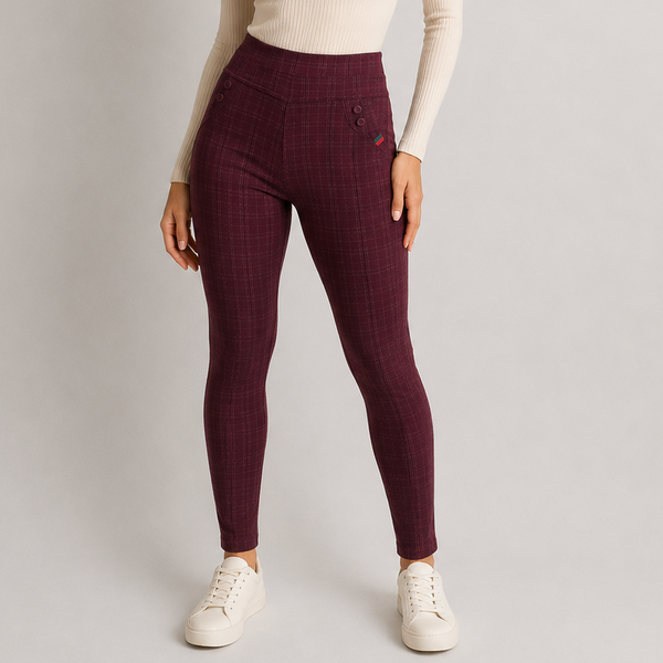 Ladies Check High Waist Stretch Skinny Trousers