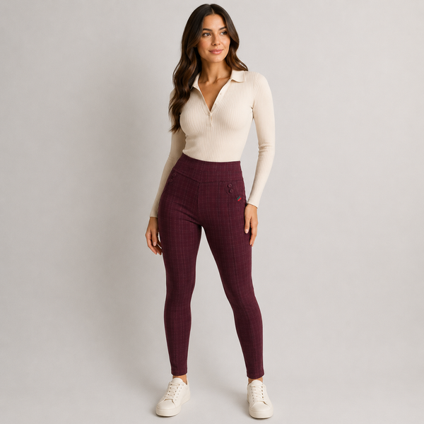 Ladies Check High Waist Stretch Skinny Trousers