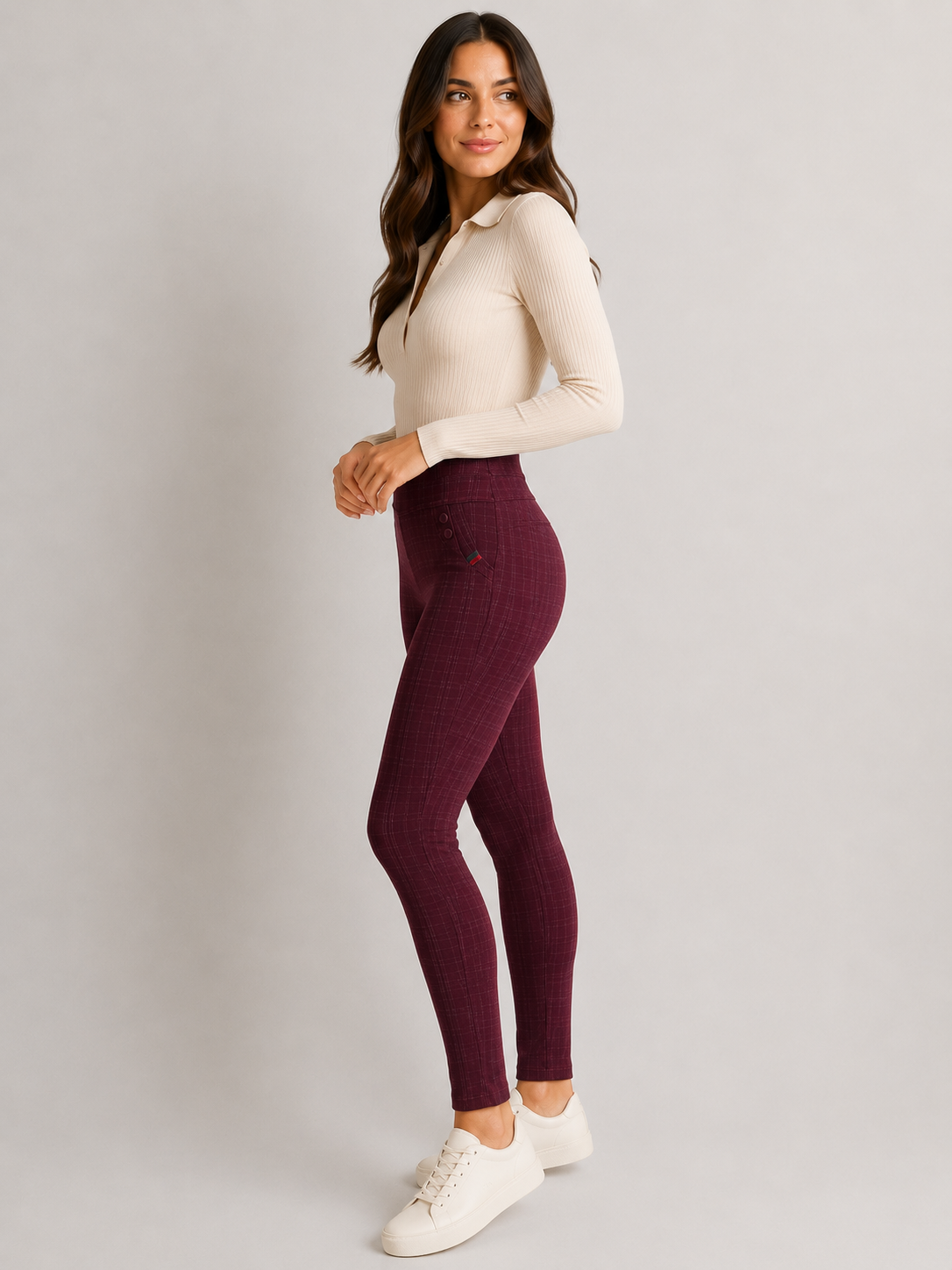 Women’s Burgundy Check High Waist Stretch Trousers