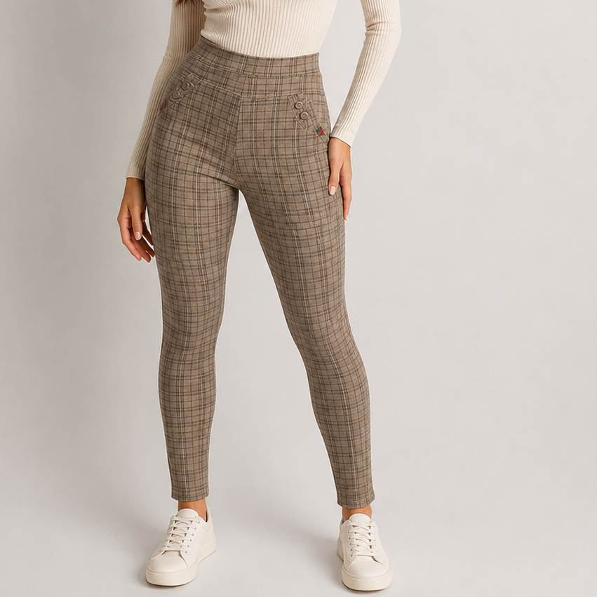 Women’s Beige Check High Waist Stretch Trousers