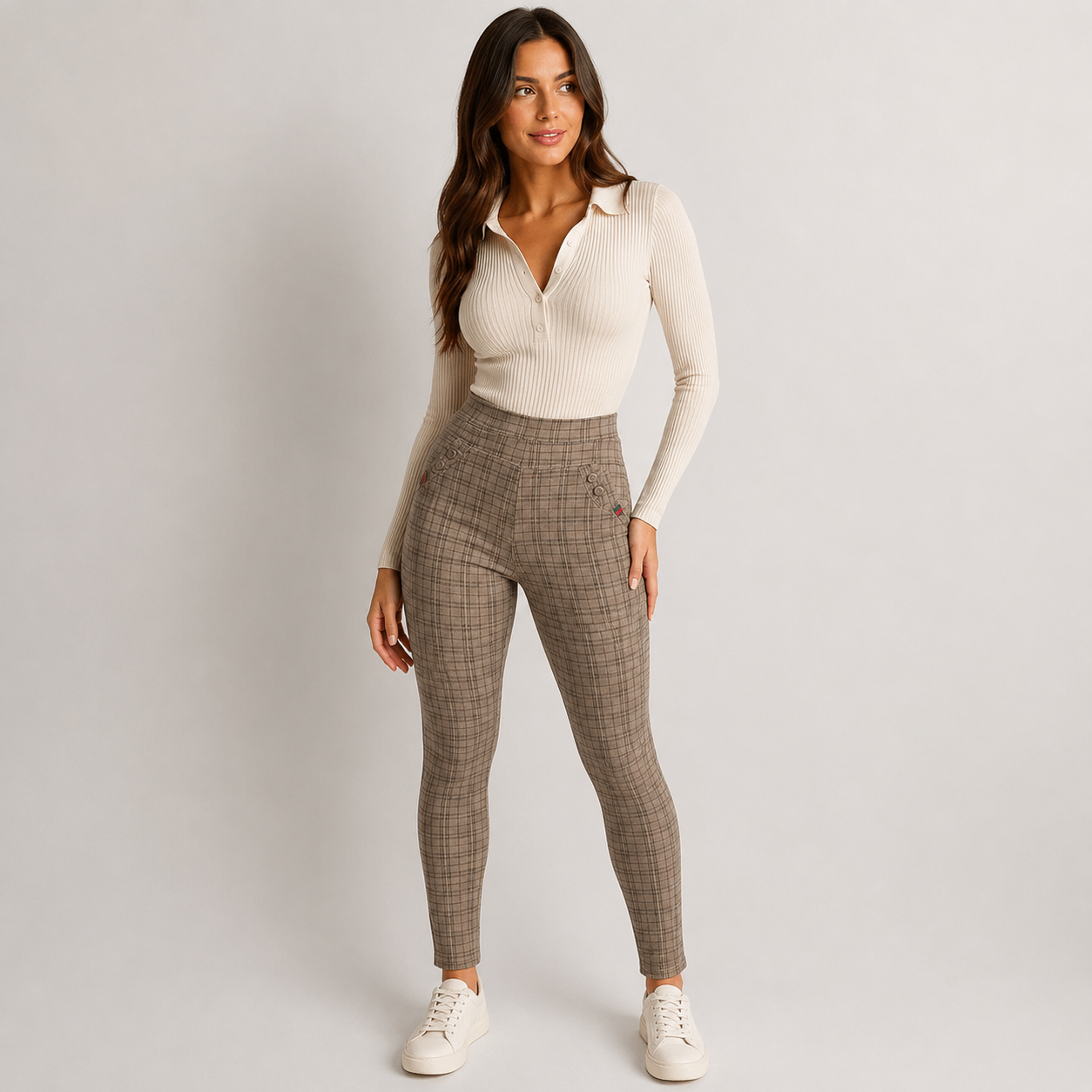 Women’s Beige Check High Waist Stretch Trousers