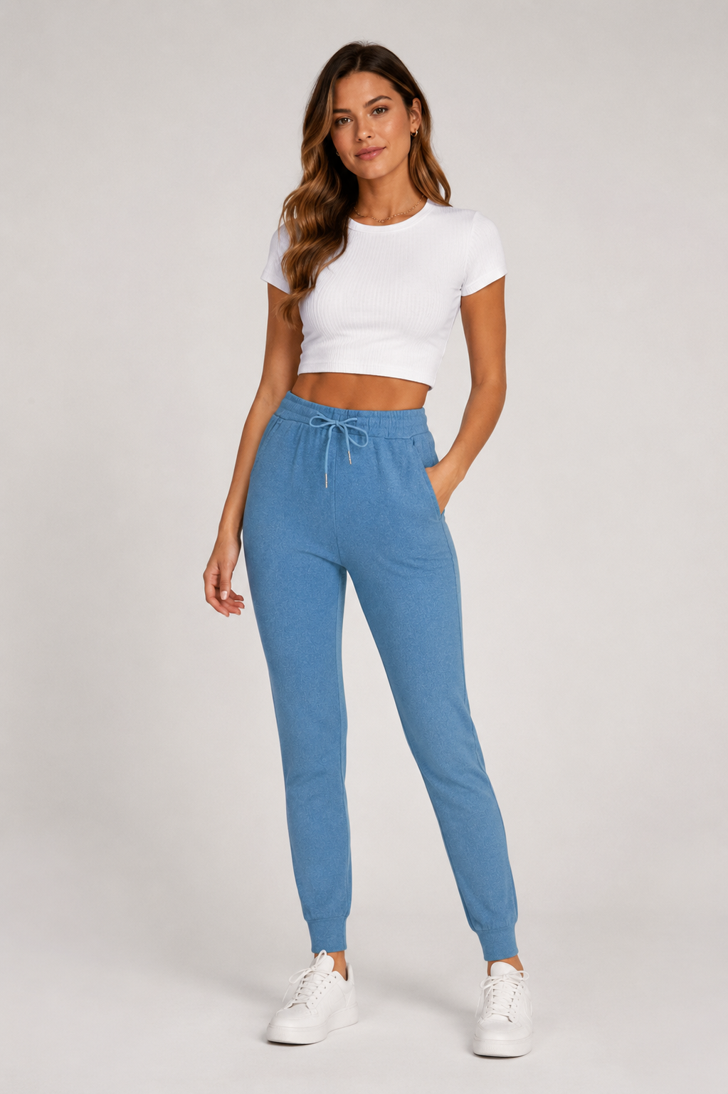 Ladies air force blue soft touch joggers with drawstring waist and cuffed ankles stylish loungewear trousers