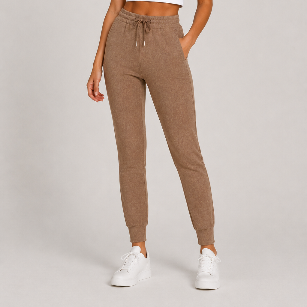 Ladies brown soft touch joggers with drawstring waist and cuffed ankles stylish loungewear trousers