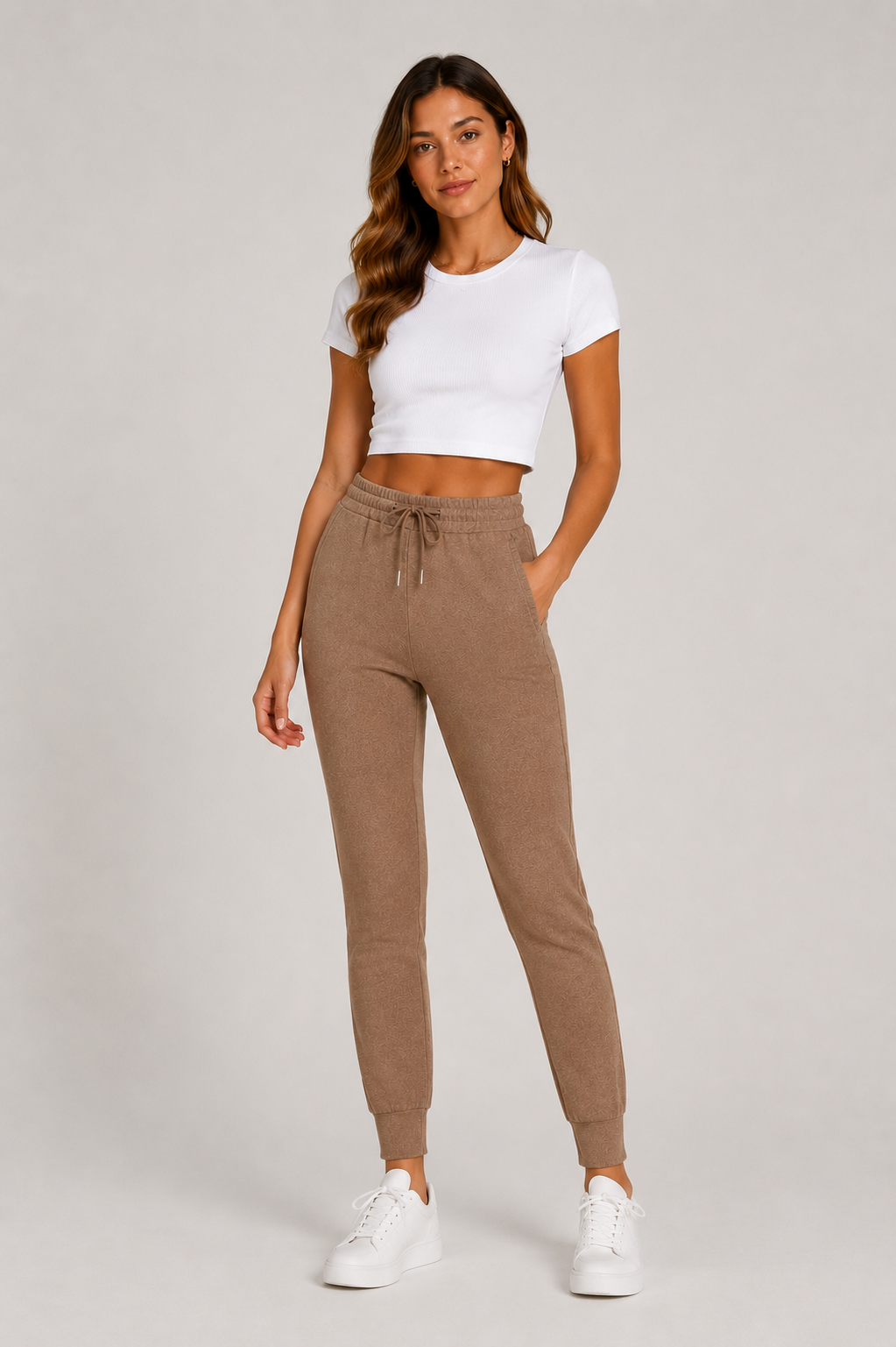 Ladies brown soft touch joggers with drawstring waist and cuffed ankles stylish loungewear trousers
