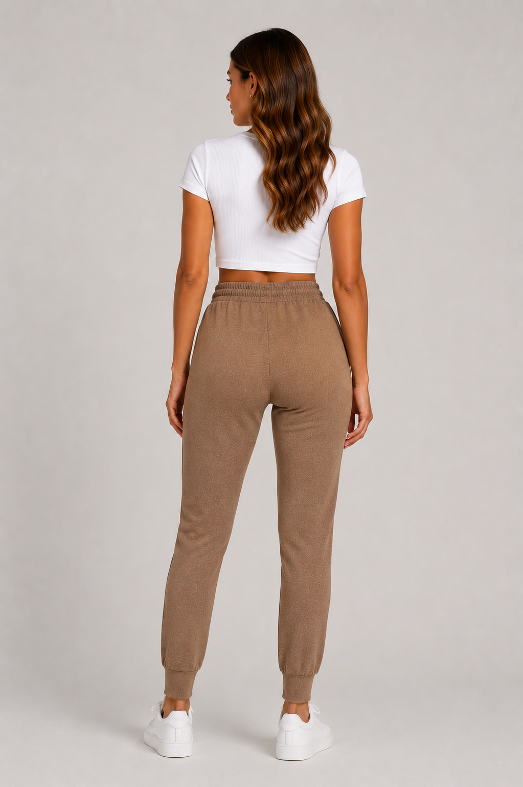 Ladies brown soft touch joggers with drawstring waist and cuffed ankles stylish loungewear trousers
