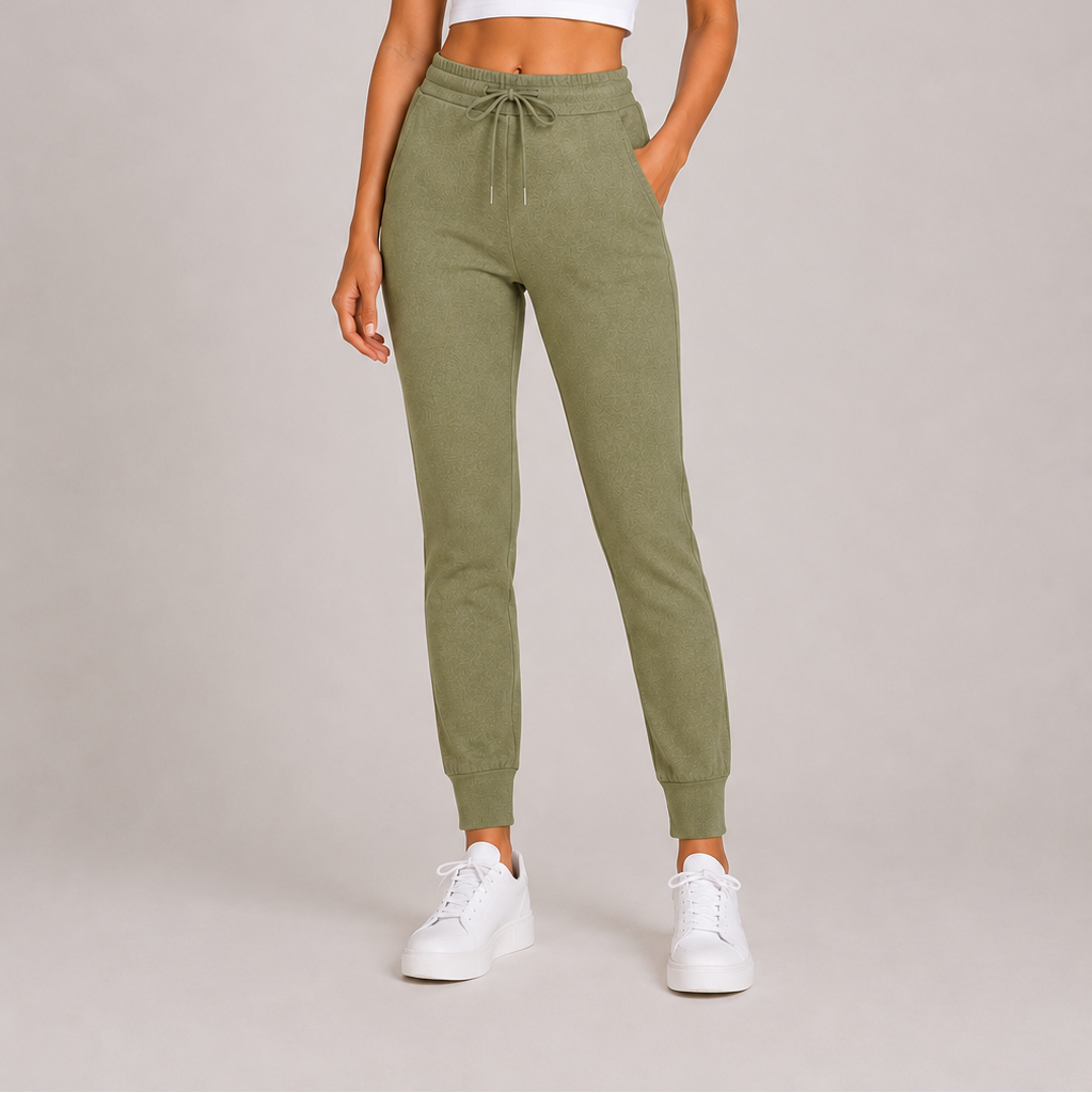 Ladies khaki green soft touch joggers with drawstring waist and cuffed ankles stylish loungewear trousers