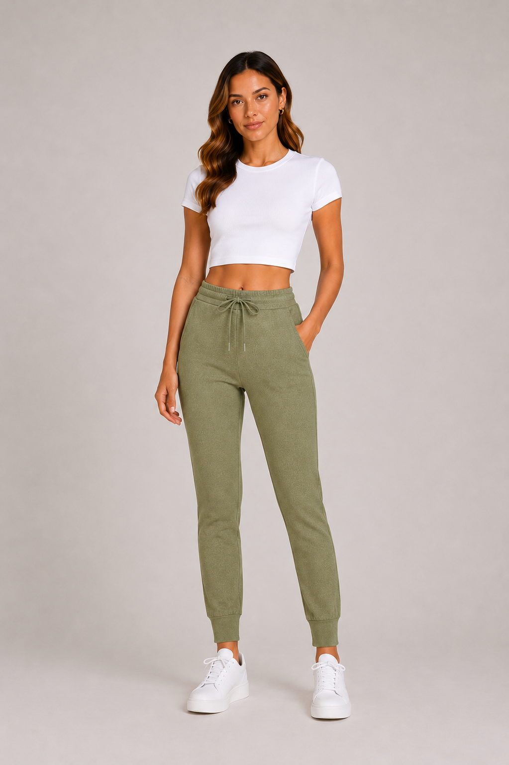 Ladies khaki green soft touch joggers with drawstring waist and cuffed ankles stylish loungewear trousers