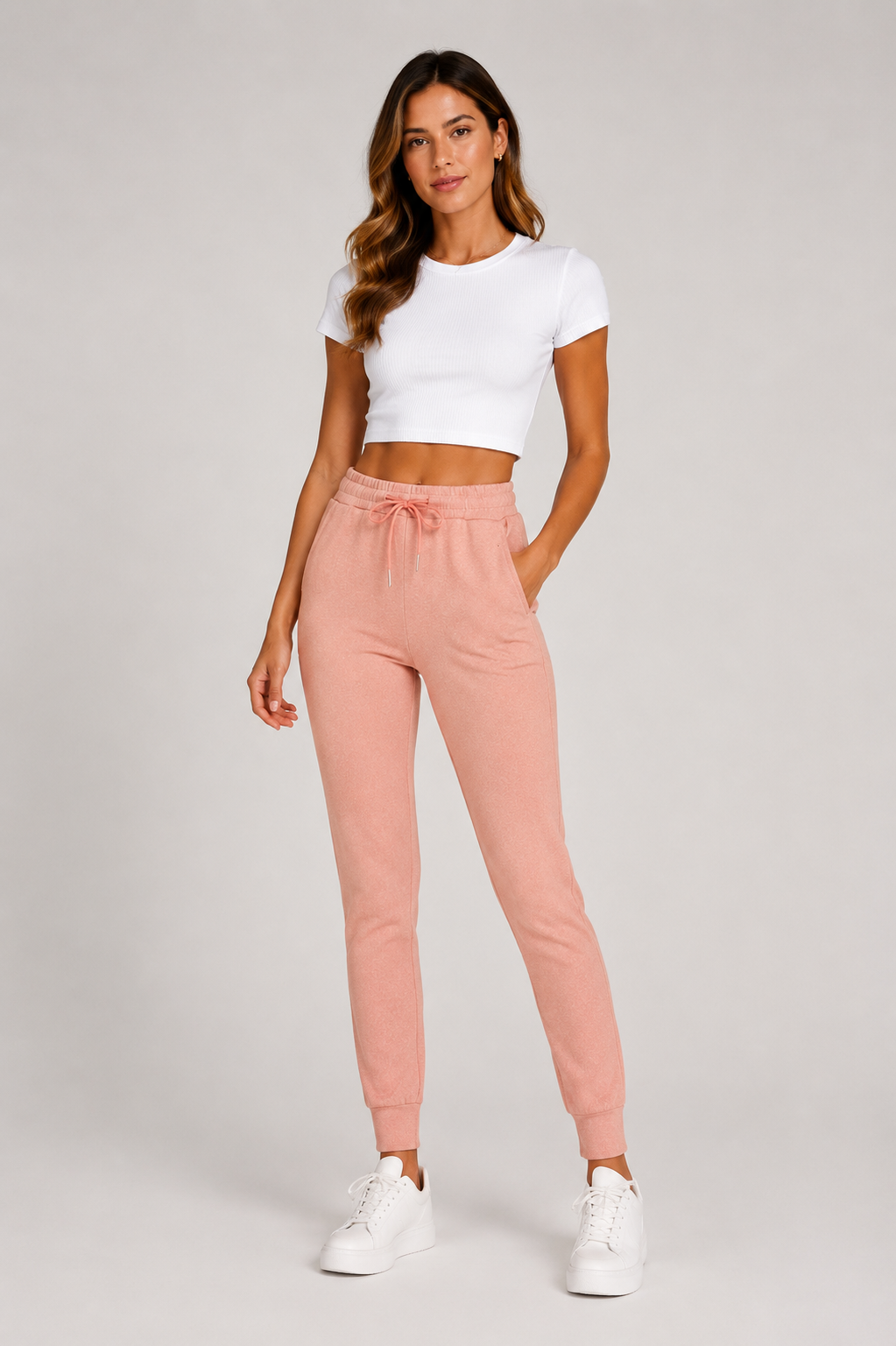 Ladies soft pink soft touch joggers with drawstring waist and cuffed ankles stylish loungewear trousers