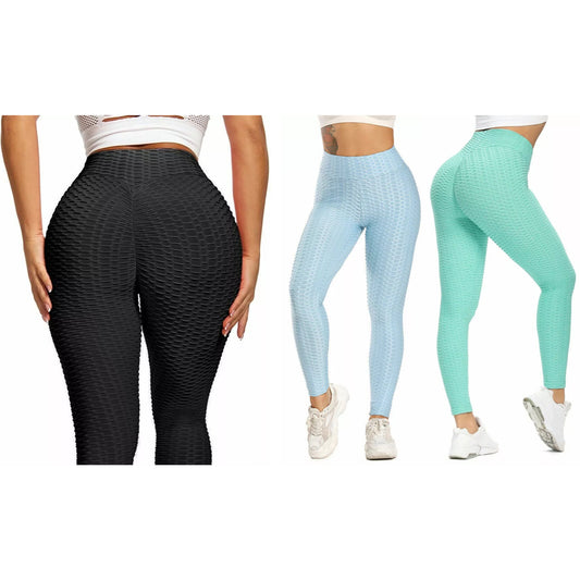 Women's textured TikTok leggings in black, light blue, and mint green – high-waisted scrunch bum leggings for gym, yoga, and casual wear