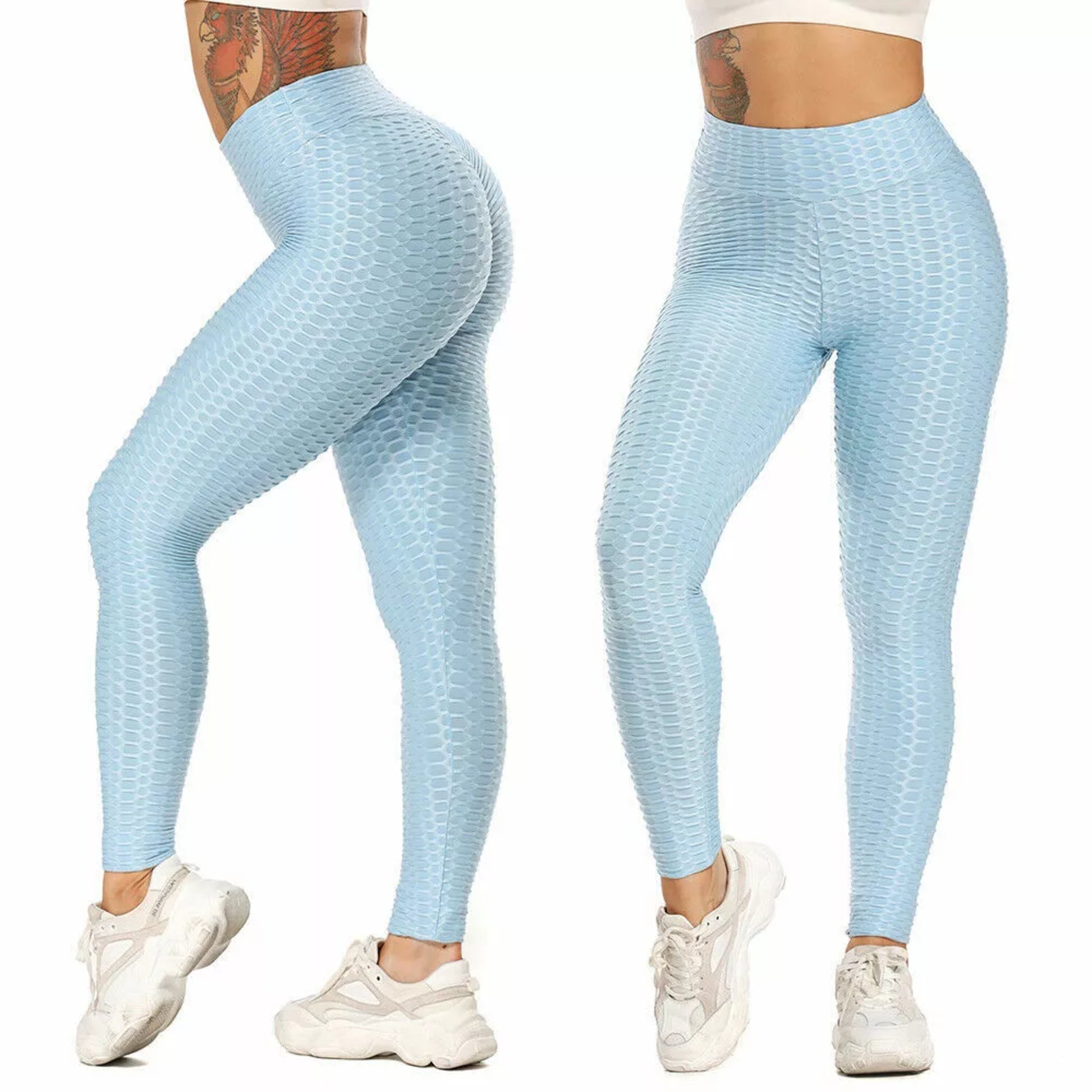 Women's baby blue textured TikTok leggings – high-waisted scrunch bum gym leggings for workout, yoga, and everyday wear
