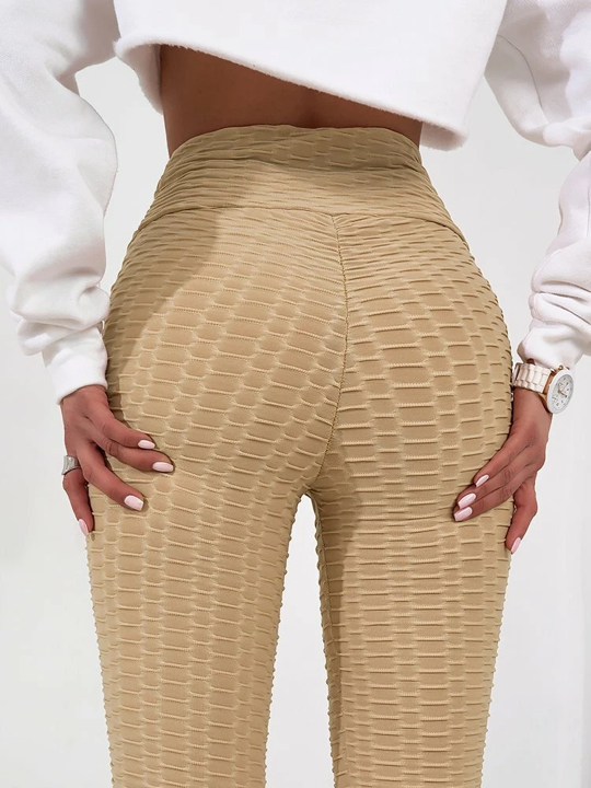 Women's beige textured TikTok leggings – high-waisted scrunch bum gym leggings for workout, yoga, and everyday wear