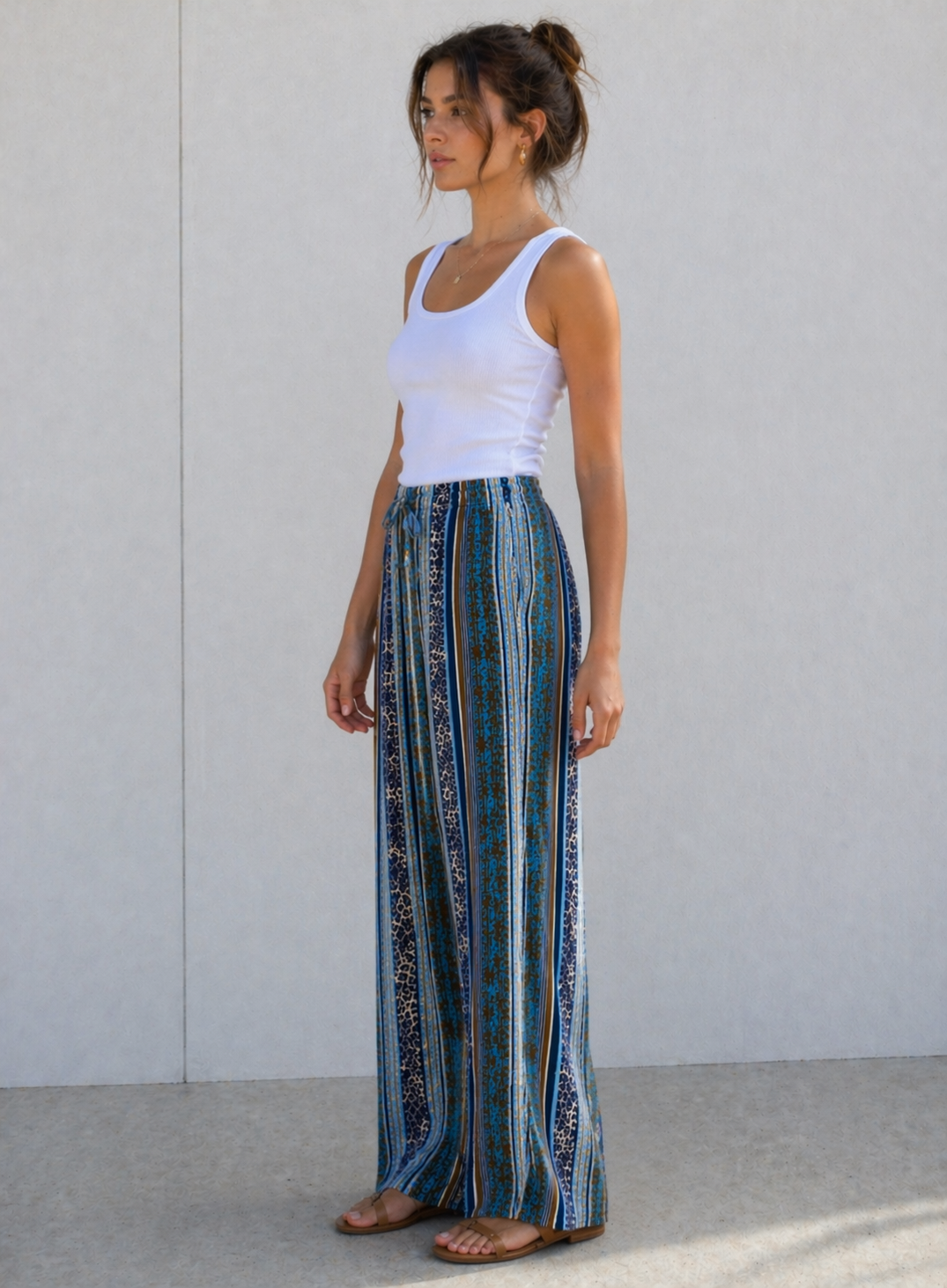 Ladies blue striped palazzo trousers with leopard print – high waist wide leg summer pants 