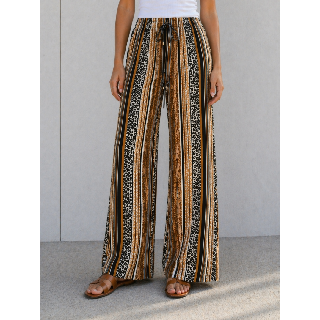 Ladies brown striped palazzo trousers with leopard print – high waist wide leg summer pants 