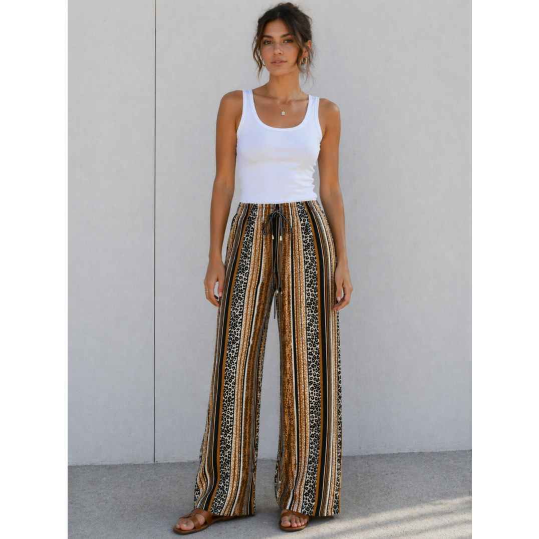 Ladies brown striped palazzo trousers with leopard print – high waist wide leg summer pants 
