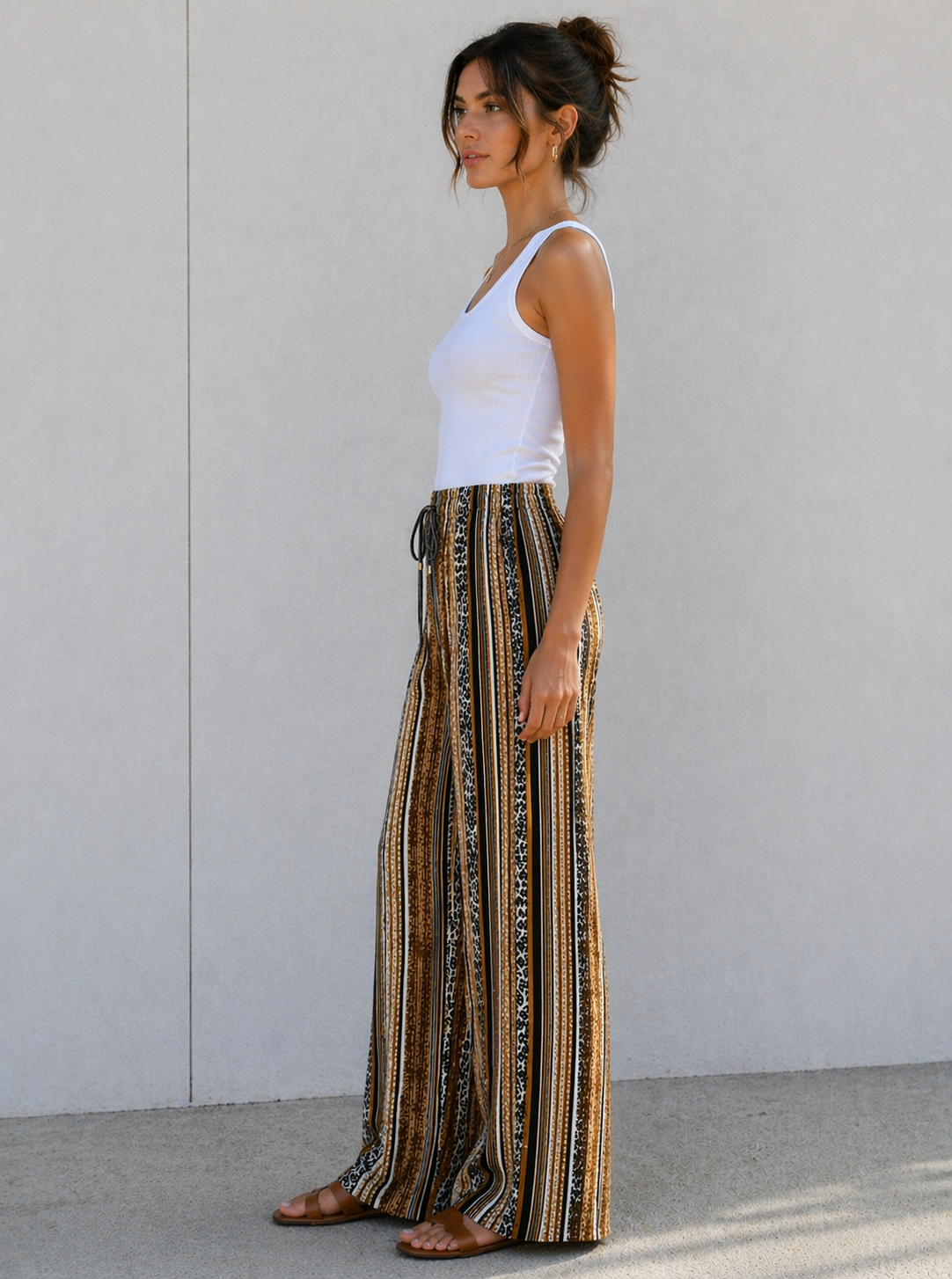 Ladies brown striped palazzo trousers with leopard print – high waist wide leg summer pants 