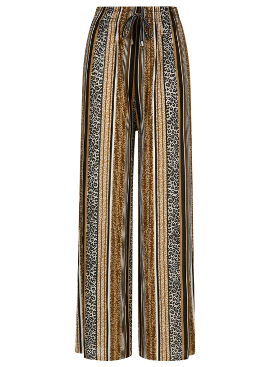 Ladies brown striped palazzo trousers with leopard print – high waist wide leg summer pants 