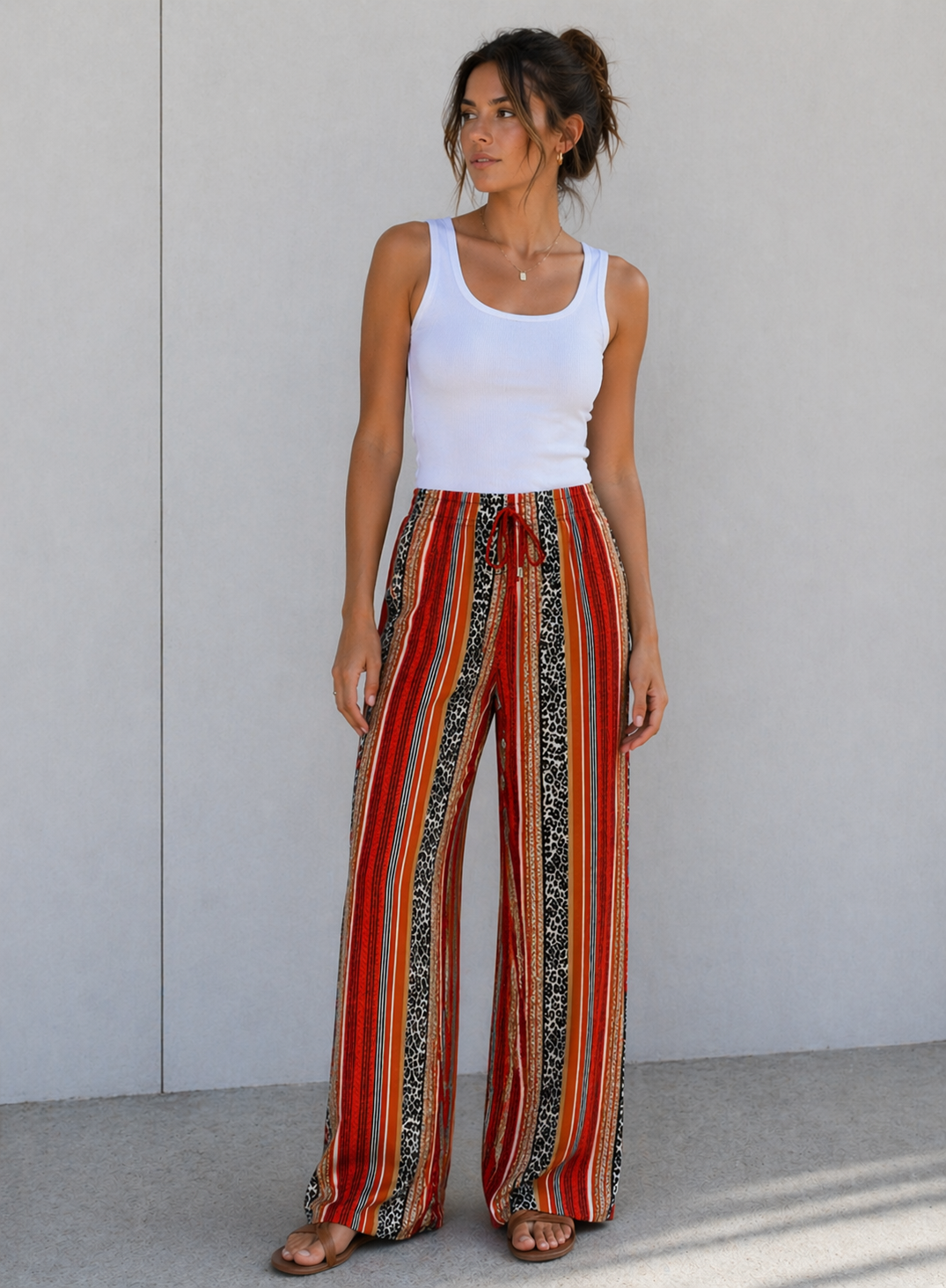 Ladies red striped palazzo trousers with leopard print – high waist wide leg summer pants 