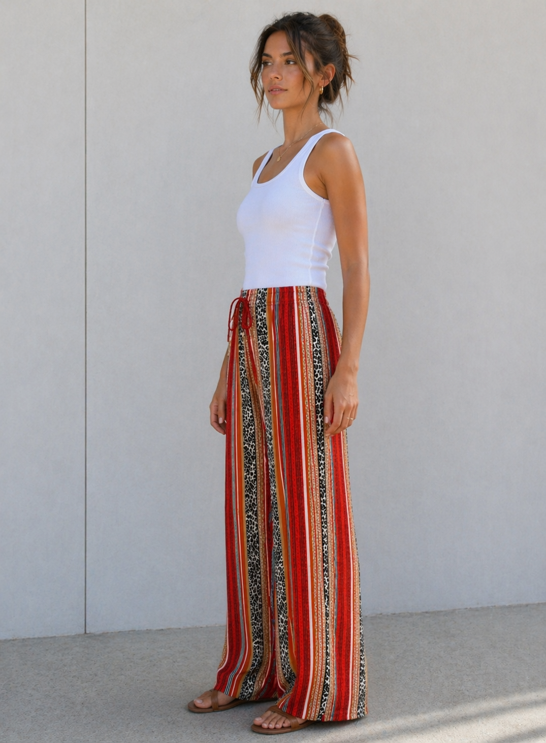 Ladies red striped palazzo trousers with leopard print – high waist wide leg summer pants 