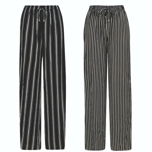 Ladies black and white vertical stripe comfort fit palazzo trousers with drawstring waist