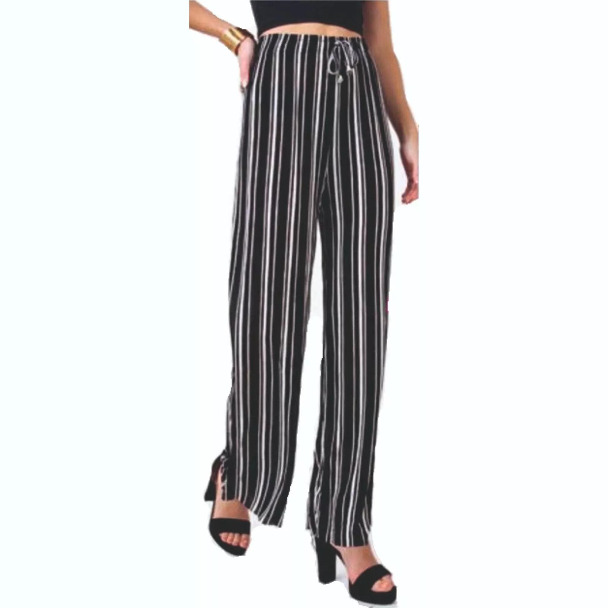 Ladies black and white vertical stripe comfort fit palazzo trousers with drawstring waist