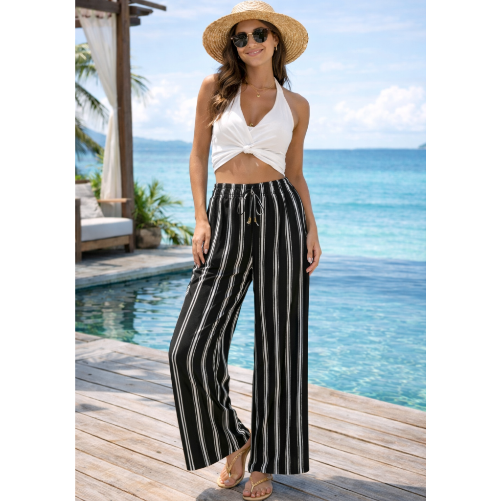 Ladies black and white vertical stripe comfort fit palazzo trousers with drawstring waist