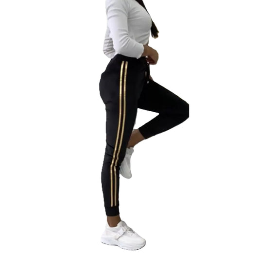 Ladies black velour joggers with gold side stripes – womens high waist casual bottoms