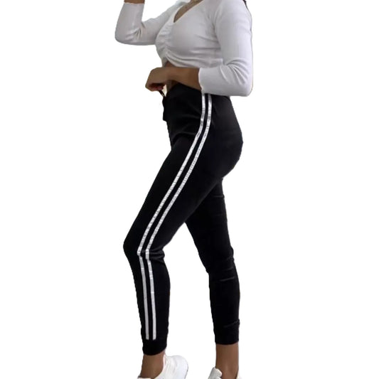 Ladies black velour joggers with silver side stripes – womens high waist casual bottoms