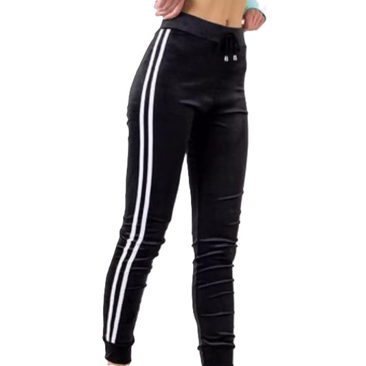 Ladies black velour joggers with white side stripes – womens high waist casual bottoms