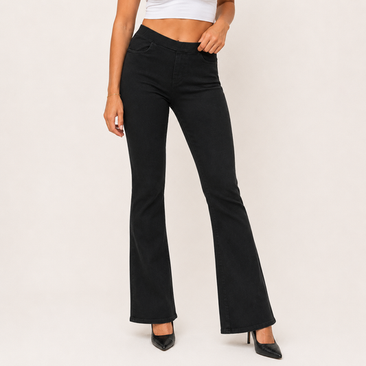 Ladies black bootcut flared denim jeggings high waist stretch skinny jeans style trousers