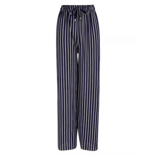 Women’s black and purple striped harem palazzo trousers with drawstring waist.