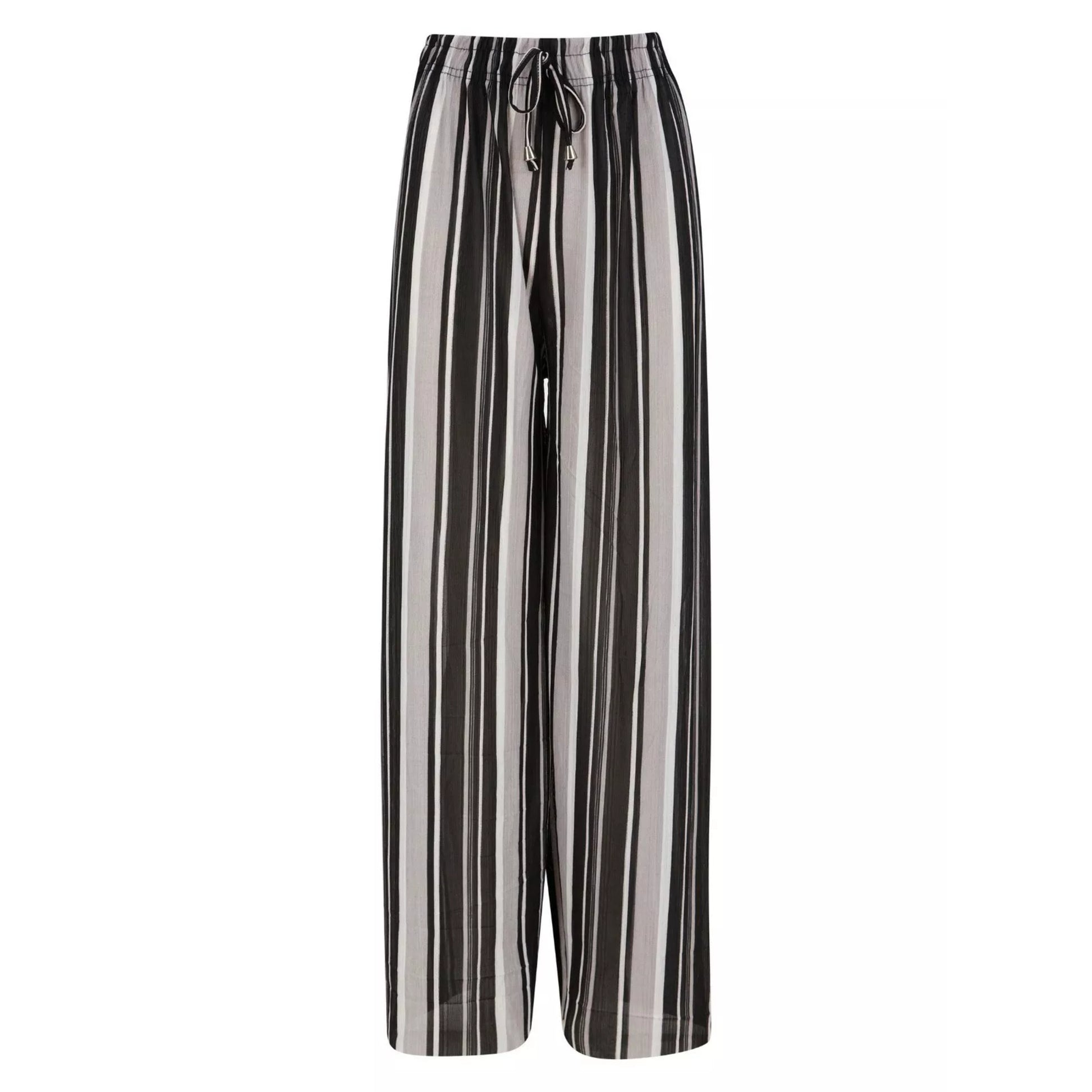 Women’s black and grey striped harem palazzo trousers with drawstring waist.