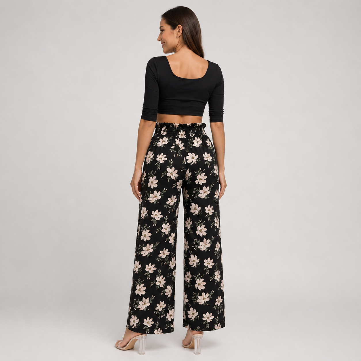 Ladies black floral summer trousers wide leg lightweight casual holiday bottoms with belt