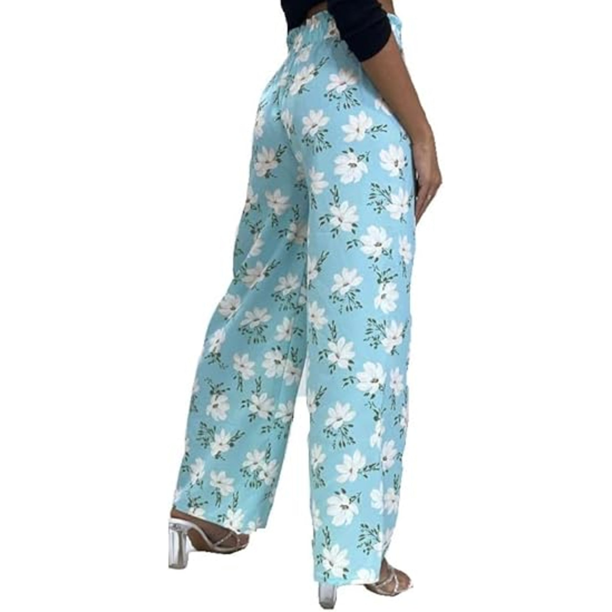 Ladies blue floral summer trousers wide leg lightweight casual holiday pants with belt