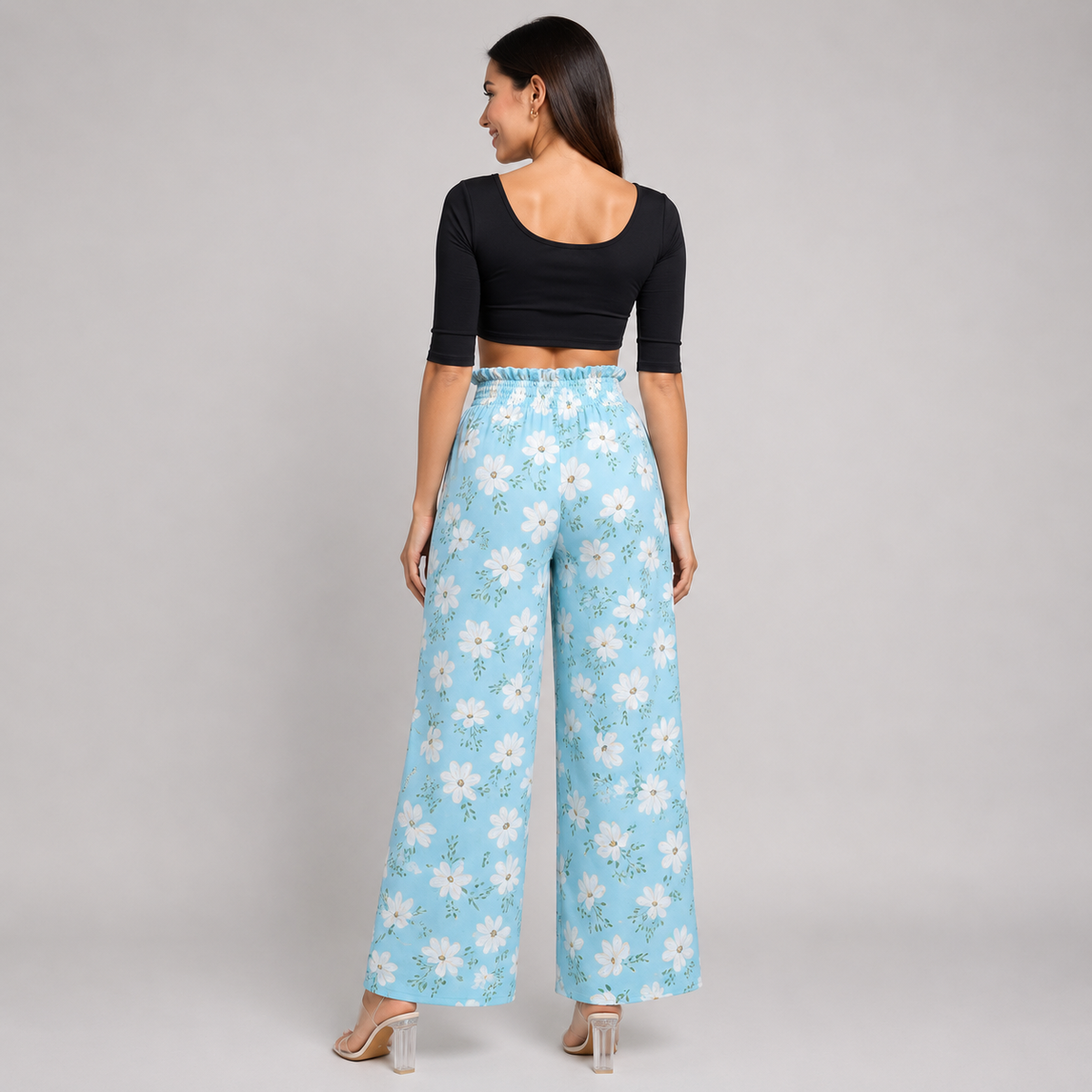 Ladies blue floral summer trousers wide leg lightweight casual holiday bottoms with belt