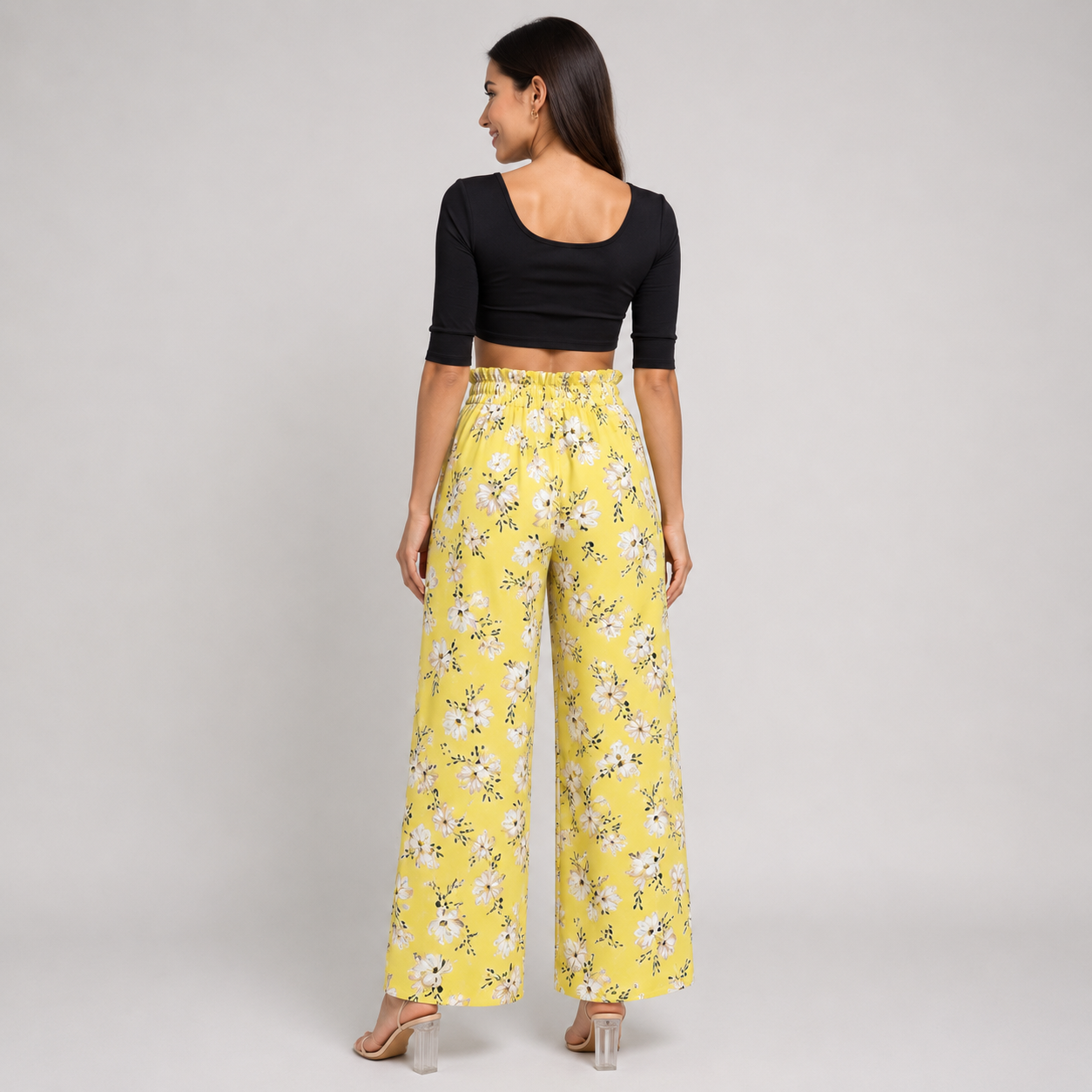 Ladies lemon yellow floral summer trousers wide leg lightweight casual holiday trousers with belt