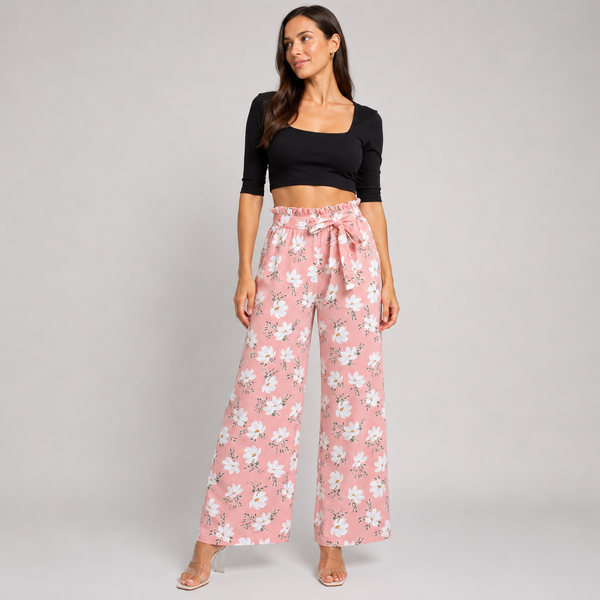 Ladies Floral Tie Waist Wide Leg Trousers
