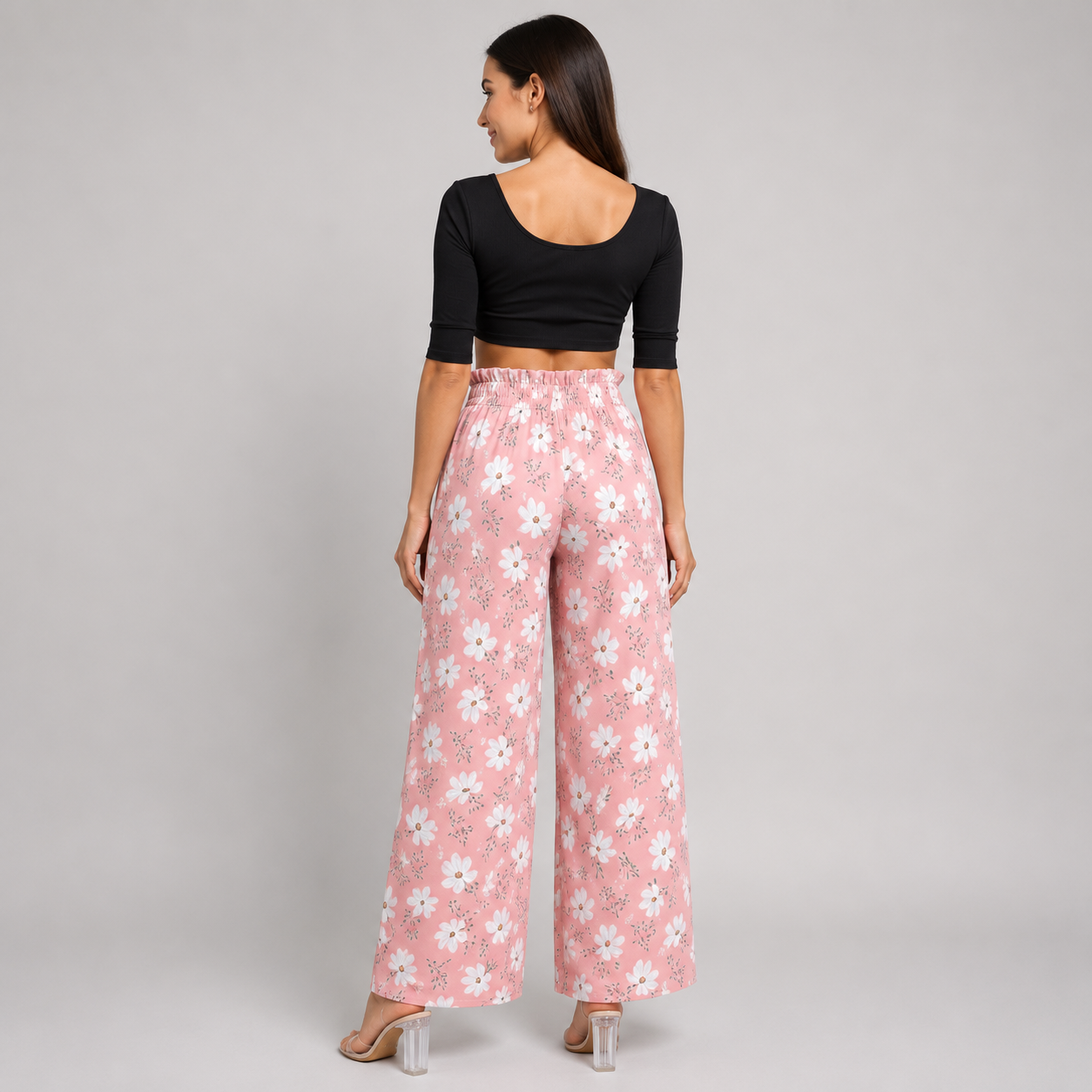 Ladies pink floral summer trousers wide leg lightweight casual holiday bottoms with belt