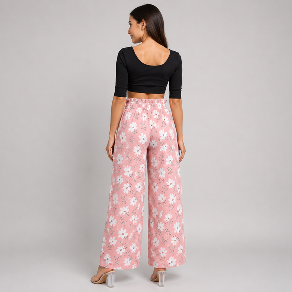 Ladies Floral Tie Waist Wide Leg Trousers