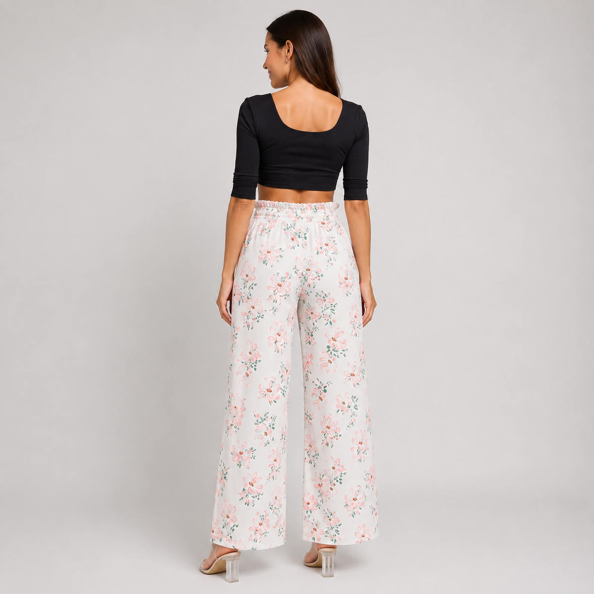 Ladies white floral summer trousers wide leg lightweight casual holiday bottoms with belt