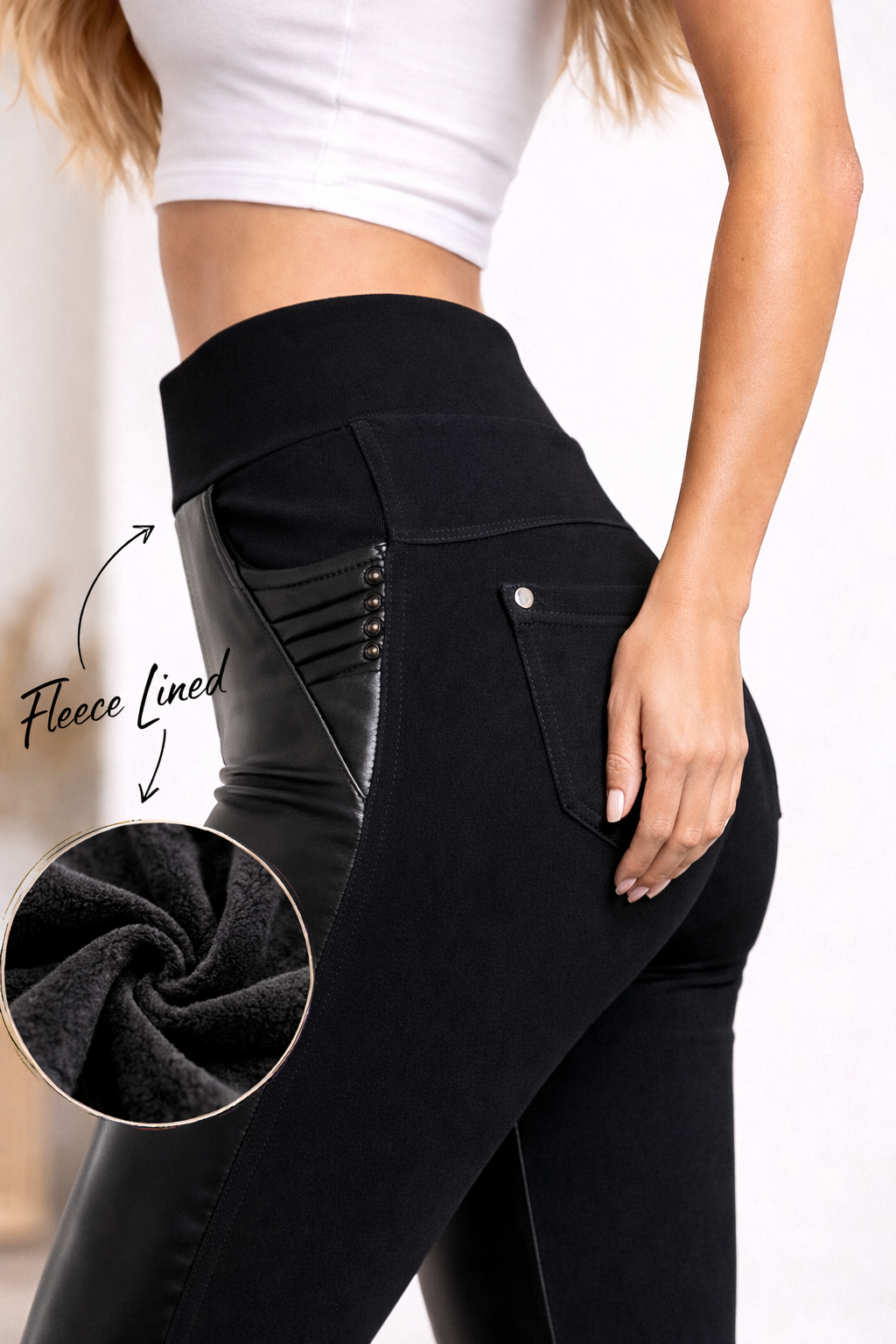 Black two tone leather look leggings women slim fit autumn winter fashion