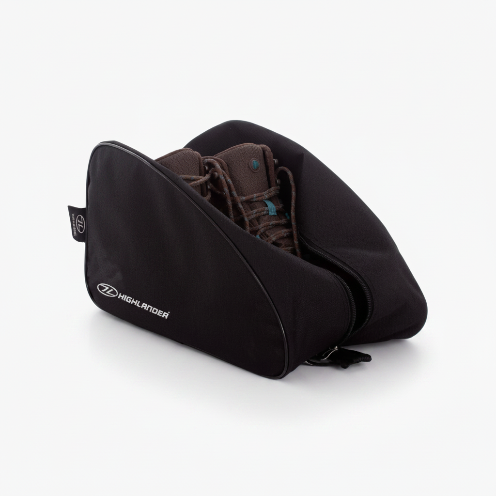 black Highlander boot bag for travel shoe storage with zip opening