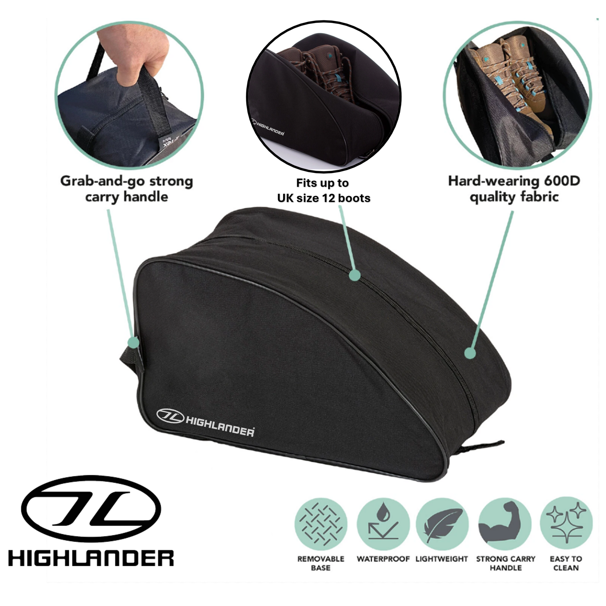 black Highlander boot bag for travel shoe storage with zip opening